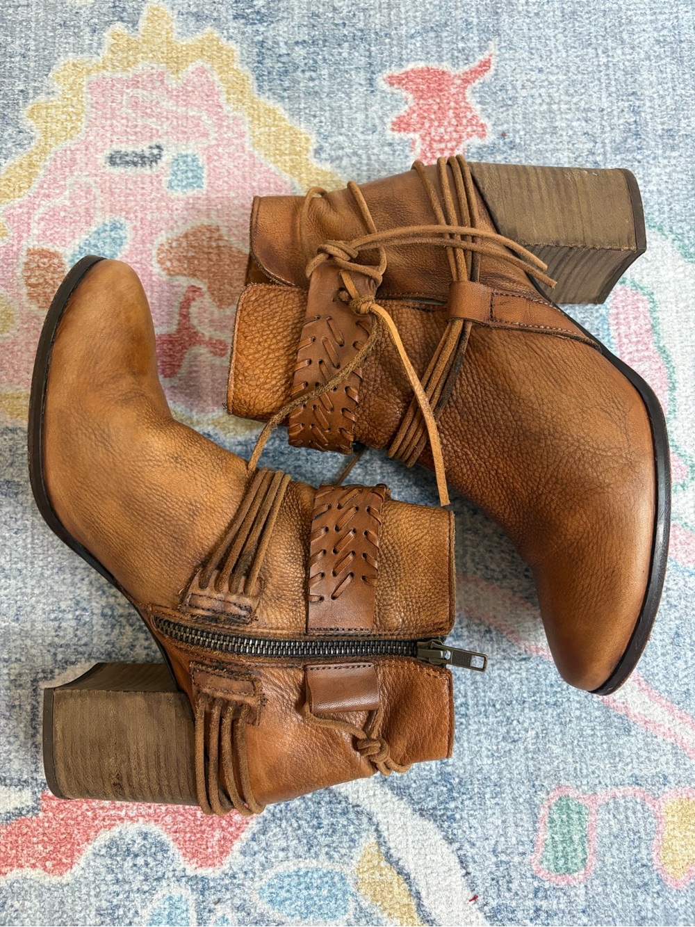 BASKE Leather Boho Ankle Boots, Western Fringe Wrap Detail.